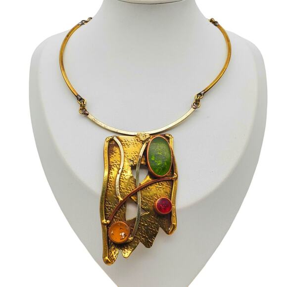 Modernist Artisan Confetti Pendant Necklace Earrings Set Mixed Metals Abstract - Picture 6 of 14